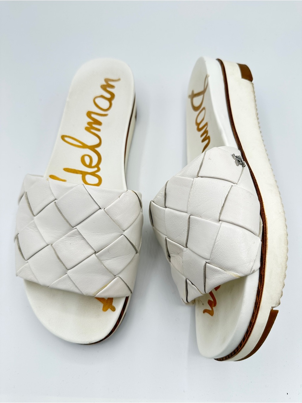 Sam Edelman White Adaley Woven Leather Platform Slide Sandal